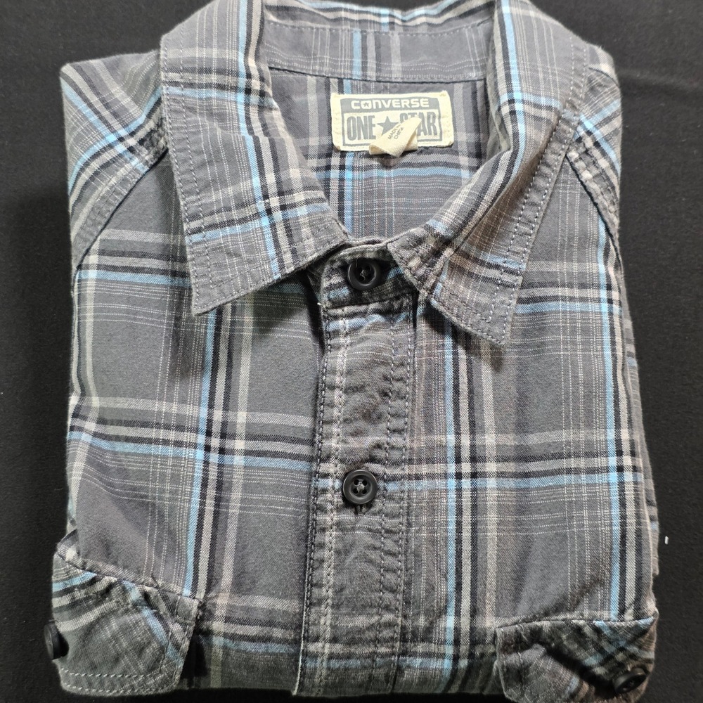 Converse One Star Mens Medium Grey Blue‎ Plaid Western Long Sleeve Button Shirt